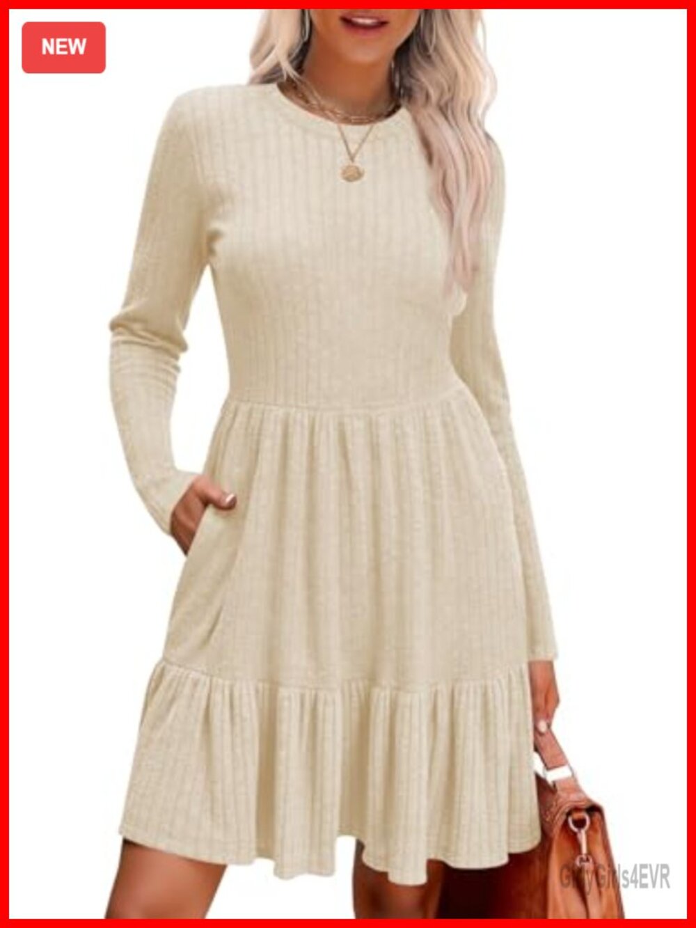 Naggoo Womens Long Sleeve Sweater Dress Casual Crew Neck Babydoll